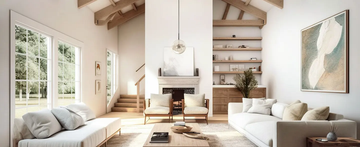 Salon spacieux avec de hauts plafonds, de grandes fenêtres et une décoration moderne