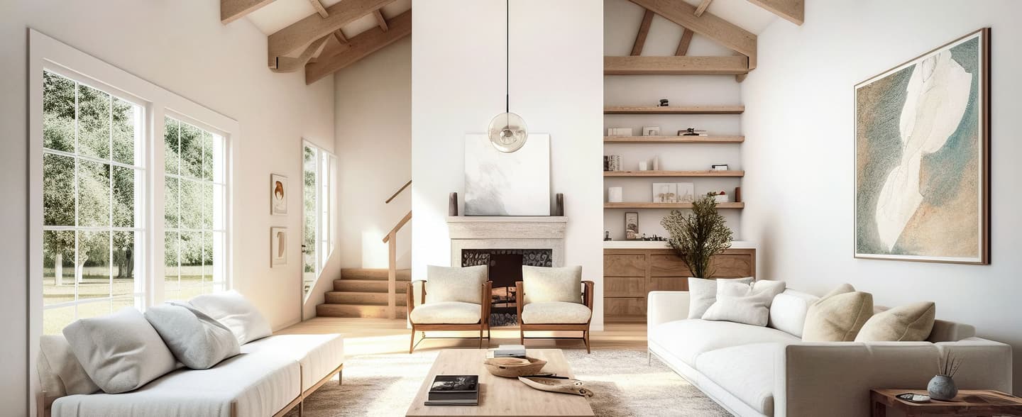 Salon spacieux avec de hauts plafonds, de grandes fenêtres et une décoration moderne